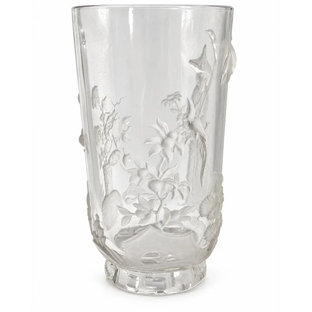 Signed Verlys Mandarin Vase 1930s French Art Deco Frosted Chinoiserie 9.25”